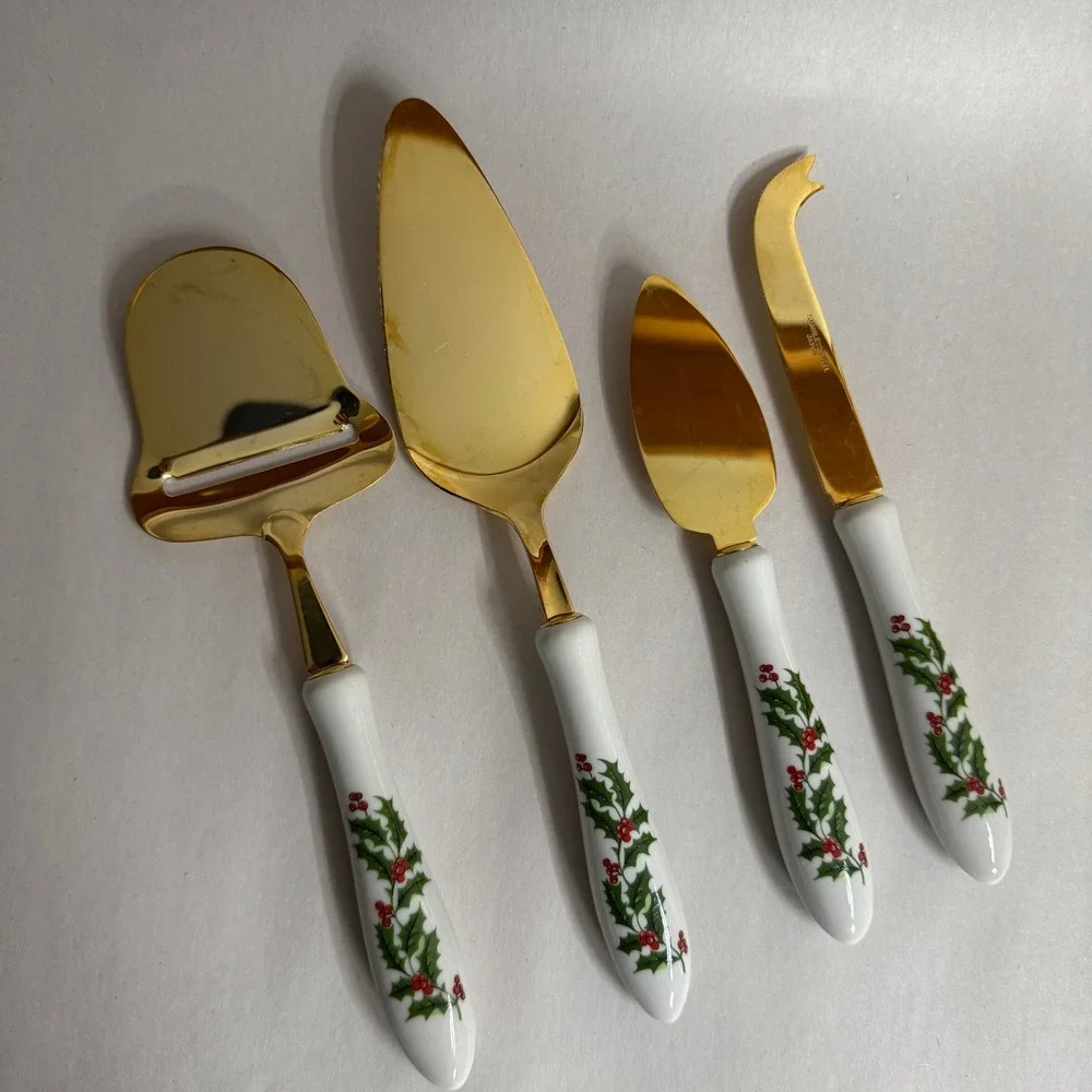 Vtg Christmas Holly Gold Cheese Knife Pie Set 4pc Stainless Steel Japan Holiday